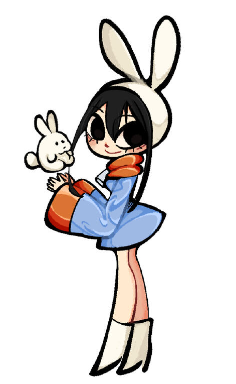 A small character wrapped in oversized clothing, holding a bunny plush. Gentle body language and soft colors give it a tender, introverted feel.