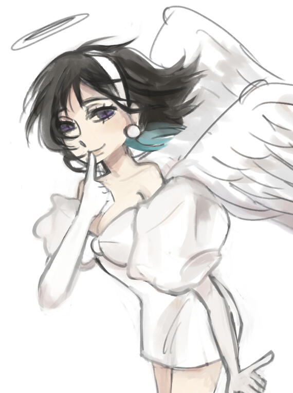 An ethereal figure with wings and a halo, drawn with loose, expressive lines. Delicate, vulnerable, and quietly emotional rather than dramatic.