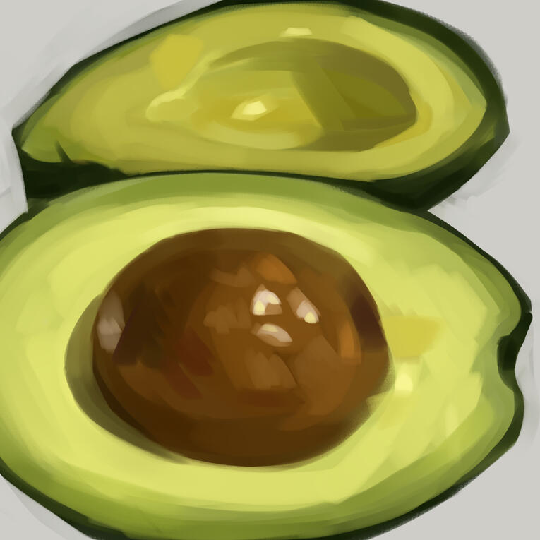 A soft, painterly still life of a halved avocado, focusing on texture, color, and warmth. Quiet, grounded, and oddly comforting.