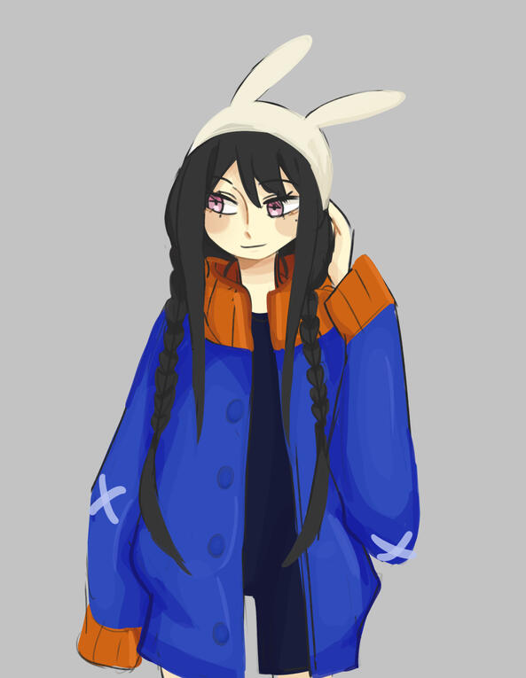 A melancholic character in a heavy blue coat, standing still with a distant gaze. introspective, quiet, and emotionally contained.