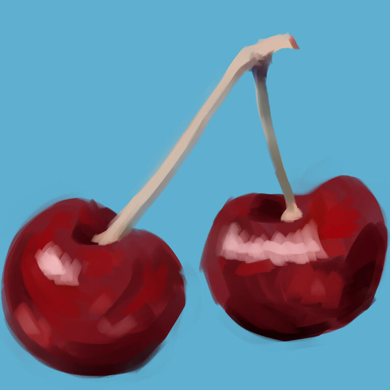 A study of minimal still life of cherries with exaggerated form and saturation. Clean, graphic, and slightly surreal in its simplicity.