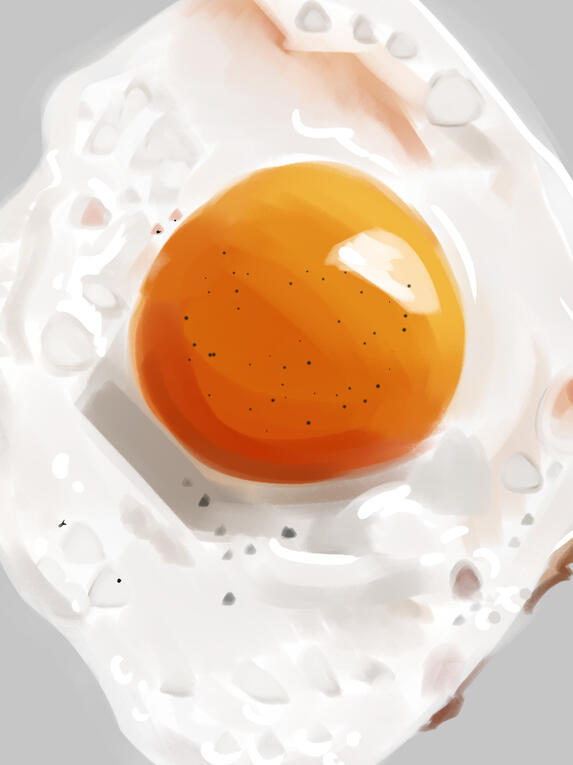 A close-up illustration of a fried egg, rendered with a tactile, almost sensory softness. Simple subject, strong emotional calm.